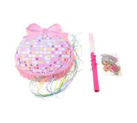 Pink Bow round Glitter Piñata with Pull String for Birthday | Paper Hanging Decor, Stick and Confetti Included, Indoor Outdoor Party Prop, Photogenic Candy Release