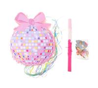Pink Bow round Pinata 15 Inch with Ribbon Pull for Birthday Parties | Layered Paper Craft Design, Glitter Finish, Includes Stick and Confetti, Hanging Decoration, Outdoor or Photo Booth Use