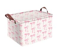 Pink Bow Storage Basket Waterproof Canvas Toy Storage Bin Coquette Room Decor Collapsible Outdoor Basket with Leather Handles Pink Bow Room Decor Blanket Baskets For Closets,Bedrooms,Gifts Baskets