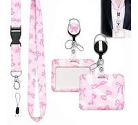 Pink Bow Tie Print Lanyard with Detachable Card Holder 11 * 7cm, Retractable Badge Reel with Breakaway Safety Clip for Teachers Nurses Students Office ID Cards (C)