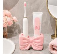 Pink Bow Toothbrush Holder, Ceramic Dual Storage Slots Toothbrush Holder, Multi-Purpose Bathroom Organizer, Pen Holder, Office Desk Decor, Couple Toothbrush Holder