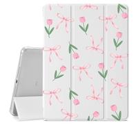 Pink Bow Tulip Pattern for iPad Air 11 Inch M3(2025) / M2(2024), iPad Air 5th(2022) / 4th (2020) Gen 10.9 Inch Cute Bow Protective Case for Girls,Pencil Holder & Clear Back & Trifold White Cover