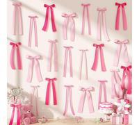 Pink Bow Wall Decor, 40Pcs Pink Bow Birthday Decorations, DIY Ribbon Satin Bows Garland Photo Backdrop for Women Girls Coquette Wall Bachelorette Baby Bridal Shower Room Bedroom Wedding Party Decor