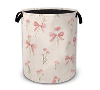 Pink Bow Wildflower Laundry Basket with Handles, Foldable Tall Oxford Clothes Hamper, Lightweight Water-Resistant Storage Bin for Bedroom Bathroom College Dorm, 16 x 20.8 Inch