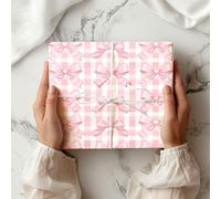 Pink Bow Wrapping Paper Sheet - Cute Gingham Check Gift Wrap with Pink Ribbon Bows - Birthday, Baby Shower, Girly Gift Wrapping - W59 (Small Sheet - 30 x 40cm/ 11.8" x 15.7" inches)