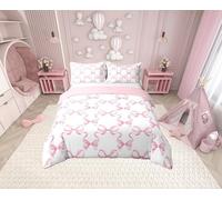 Pink Bowknot 100% Nature Cotton Duvet Cover Double Size 3 Pcs,Princess Style Watercolor Bow-tie Bedding Set,Fairy Tale Bow Ribbon Stripes Kawaii Comforter Cover for Teens Boys(No Comforter)
