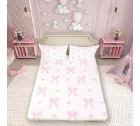Pink Bowknot Bed Sheet Set Princess Style Bow Dreamy Bow-tie Sheet Sets Deep Pocket(No Flat Sheet),Cute Love Hearts Romantic Valentine's Day Mattress Cover,Single with 1 Pillowcase