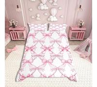 Pink Bowknot Duvet Cover,Watercolor Bow-tie Princess Style Paint Quilt Cover(No Filler),Dreamy Bow Crossed Grids Lines Pink White Bedding Set with 1 Pillowcase,Pink White,Single Size