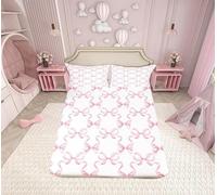 Pink Bowknot Fitted Sheet Princess Style Watercolor Bow-tie Bed Sheet Set for Kids Teens Fairy Tale Bow Ribbon Stripes Pink White Bed Cover for Bedroom(No Flat Sheet),Single Size