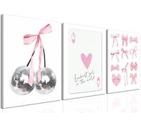 Pink Bows Wall Art Set of 3, Preppy Coquette Wall Decor, Trendy Disco Ball and Lucky Card Poster Canvas Prints for Teen Girl Apartment Bedroom Living Room Aesthetic 12x16 inch Framed