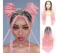 Pink Braid Lace Front Wig Braided Hair Wigs Synthetic Hair Realistic Long Ombre Peach Pink Braided Wigs for Black Women Heat Resistant Fiber Afro Drag Queen Cosplay Party Braids Wig 26Inch