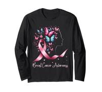 Pink Breast Cancer Awareness Flowers Butterflies Women Long Sleeve T-Shirt