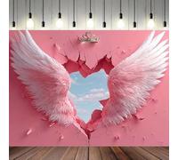 Pink Broken Heart Wall Angel Wings Photography Backdrop Silver Crown Sky Cloud Background, Pink White Feather Wing Heart Cracked Wall Photo Banner，Pink A：7X5FT