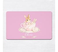 Pink Bunny Rabbit Hot Chocolate Personalised Name And Colour Table Placemat Cute Cocoa Mug Marshmallow Design Custom Easter Bunny Dining Mat Washable Place Setting Gift For Girls UK