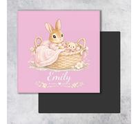 Pink Bunny Teddy Basket Personalised Name And Colour Square Fridge Magnet Cute Easter Rabbit Magnet Custom Bunny Kitchen Decor Locker Magnet Gift For Baby Girl Kids Family UK