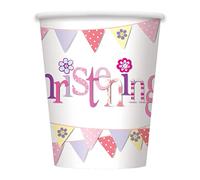 Pink Bunting Christening Paper Cups (9oz) Pack of 8 - Durable & Festive Design, Perfect for Celebrations