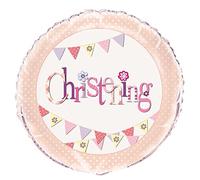 Pink Bunting Christening Round Foil Balloon (45cm) 1 Piece - Beautiful Baby Girl's Celebration Decoration