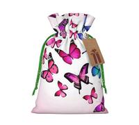 Pink Butterflies Printed Christmas Drawstring Bags with Green Christmas Ribbon - Reusable Burlap Drawstring Gift Pouches, S