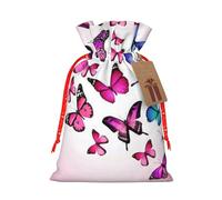 Pink Butterflies Printed Christmas Drawstring Bags with Red Christmas Ribbon - Reusable Burlap Drawstring Gift Pouches, S
