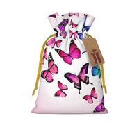 Pink Butterflies Printed Christmas Drawstring Bags with Yellow Christmas Ribbon - Reusable Burlap Drawstring Gift Pouches, M