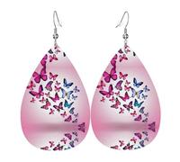 Pink Butterflies Printed Teardrop Pendant Leather Earrings | Lightweight and Versatile Earrings | Suitable for Daily Commute and Date Wear
