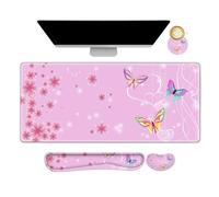Pink Butterfly Desk Mat, Florals 4 in1 Large Gaming Mouse Pad Set, Ergonomics Keyboard Pad with Memory Foam Wrist Rest, Extended Game Mousepad Non-Slip Desk Protector Matt Easy Typing Pain Relief