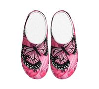 Pink Butterfly Flower Women's Slippers Flannel House Slippers for Men Floral Non-Slip Warm Winter Shoes for Indoor Outdoor UK 3-4