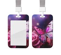 Pink Butterfly ID Badge Holder with Lanyard Vertical ID Card Holder with Clear Window Sliding Card Case Protector Pouch for Nurse Officer Teacher Name Credit Cards Holder