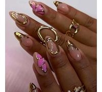 Pink Butterfly Press On Nails with Gold Edges - Almond Shape False Nails for Women, Glossy Full Cover Stick On, Elegant Art for Parties, Weddings and Daily Wear, Nude Pink Tips with Metallic
