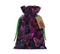 Pink Butterfly Printed Christmas Drawstring Bags with Green Ribbon - Reusable Burlap Drawstring Gift Pouches, M