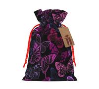 Pink Butterfly Printed Christmas Drawstring Bags with Red Christmas Ribbon - Reusable Burlap Drawstring Gift Pouches, S