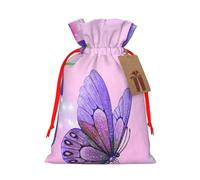 Pink Butterfly Printed Christmas Drawstring Bags with Red Ribbon - Reusable Burlap Drawstring Gift Pouches, S