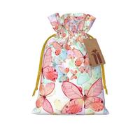 Pink Butterfly Printed Christmas Drawstring Bags with Yellow Christmas Ribbon - Reusable Burlap Drawstring Gift Pouches, M