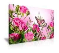 Pink Butterfly Rose Flower Canvas Wall Art Picture Print Best Gift for Home Hotel Office Decoration (XS: 31cm X 20cm)