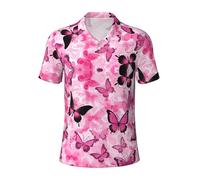 Pink Butterfly Seamless Tile Print Men's Polo Shirts,Short Sleeve Golf Shirts for Men, Occasions, Black, Large