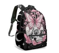 Pink Butterfly Skull 16 Inch Backpack Mushroom Crystal Moon Gothic Dark Occult Magic Illustration School Bag for Kids Teens (01)