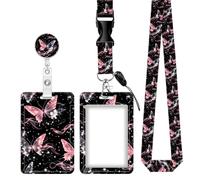 Pink Butterfly Sparkle Retractable ID Badge Holder with Lanyard, Cute Badge Reel Clip and Vertical Card Holder for Nurse Teacher Doctor Student