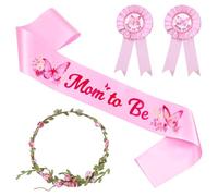 Pink Butterfly Theme Mom to Be Sash, Baby Shower Dad to Be Pin and Flower Crown Headband for Gender Reveals Party Baby Shower Party Favors Decorations,Gifts for Mon,for Pregnant Mommy Dress Gift