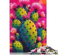 Pink Cactus Pop Art Wooden Jigsaw Puzzle 500 Pieces, Bold Color Block Decor
