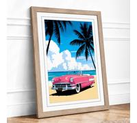 Pink Cadillac at Paradise Vintage Framed Wall Art Print A3 (42×29.7cm) Oak, Wall Decor for Living Room, Bedroom, Office & Home, Ready to Hang, Art Gift