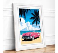 Pink Cadillac at Paradise Vintage Framed Wall Art Print A3 (42×29.7cm) White, Wall Decor for Living Room, Bedroom, Office & Home, Ready to Hang, Art Gift