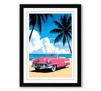 Pink Cadillac at Paradise Vintage Framed Wall Art Print A4 (29.7×21cm) Black, Wall Decor for Living Room, Bedroom, Office & Home, Ready to Hang, Art Gift