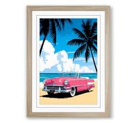 Pink Cadillac at Paradise Vintage Framed Wall Art Print A4 (29.7×21cm) Oak, Wall Decor for Living Room, Bedroom, Office & Home, Ready to Hang, Art Gift