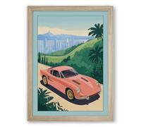Pink Cadillac Dream Retro Framed Wall Art Print A4 (29.7×21cm) Oak, Wall Decor for Living Room, Bedroom, Office & Home, Ready to Hang, Art Gift