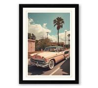 Pink Cadillac on Palm Street Vintage Framed Wall Art Print A2 (59.4×42cm) Black, Wall Decor for Living Room, Bedroom, Office & Home, Ready to Hang, Art Gift