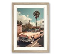 Pink Cadillac on Palm Street Vintage Framed Wall Art Print A3 (42×29.7cm) Oak, Wall Decor for Living Room, Bedroom, Office & Home, Ready to Hang, Art Gift