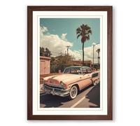 Pink Cadillac on Palm Street Vintage Framed Wall Art Print A3 (42×29.7cm) Walnut, Wall Decor for Living Room, Bedroom, Office & Home, Ready to Hang, Art Gift
