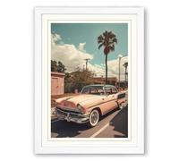 Pink Cadillac on Palm Street Vintage Framed Wall Art Print A3 (42×29.7cm) White, Wall Decor for Living Room, Bedroom, Office & Home, Ready to Hang, Art Gift