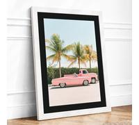 Pink Cadillac Paradise Retro Framed Wall Art Print A2 (59.4×42cm) White, Wall Decor for Living Room, Bedroom, Office & Home, Ready to Hang, Art Gift