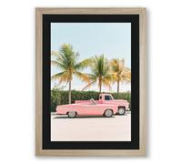 Pink Cadillac Paradise Retro Framed Wall Art Print A4 (29.7×21cm) Oak, Wall Decor for Living Room, Bedroom, Office & Home, Ready to Hang, Art Gift